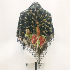 Green Peacock Velvet Shawl Embroidery Beaded Tassel Cape