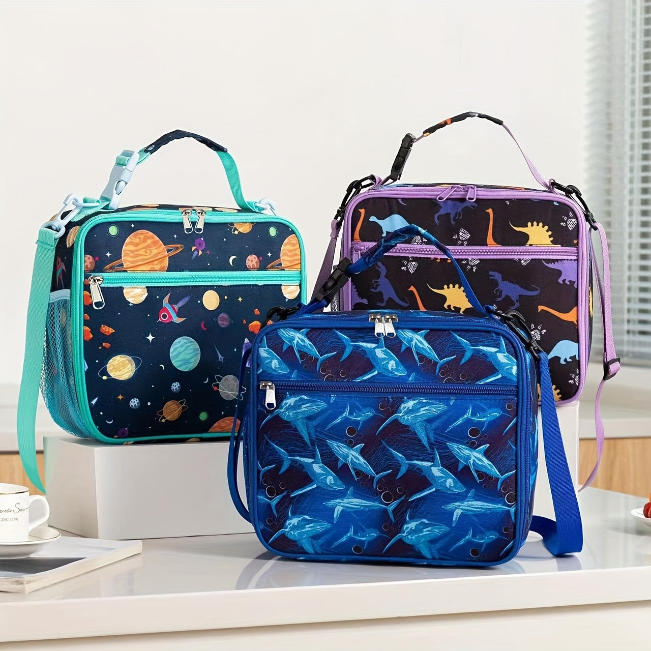Cartoon Shark Space Crossbody Bag Portable Thermal Bag