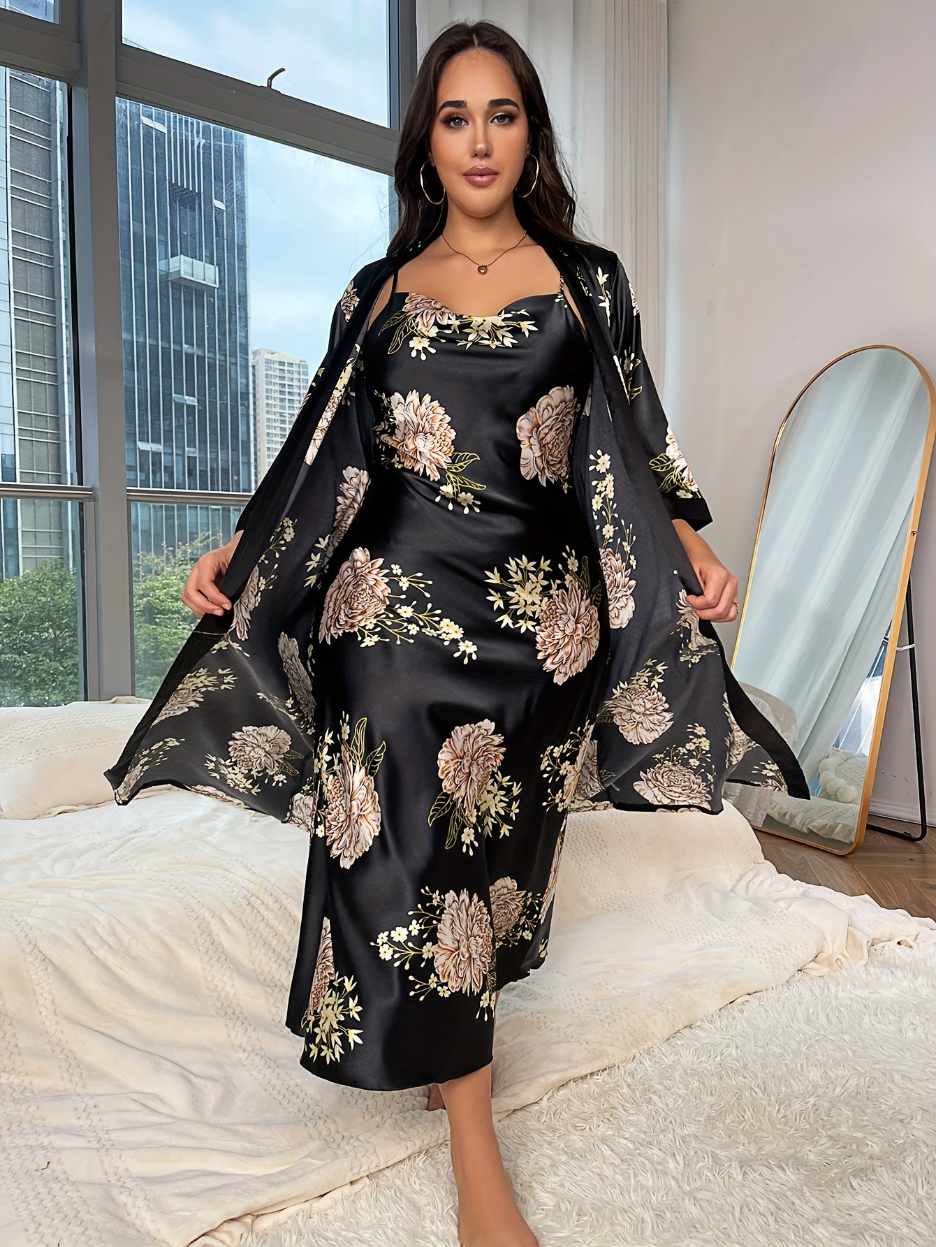 Women's Plus Floral Print Satin Belted Robe & Cowl Neck Cami Dress Pajamas Set