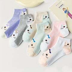 6 Pairs Cartoon Cat Print Socks & Sports Short Socks Women's Stockings