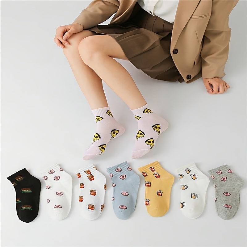 8 Pairs Cartoon Food Print Socks & Funny Crew Short Socks Women's Stockings