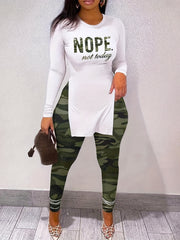 Women's Plus Camo Slogan Print Long Sleeve Top & Leggings Set