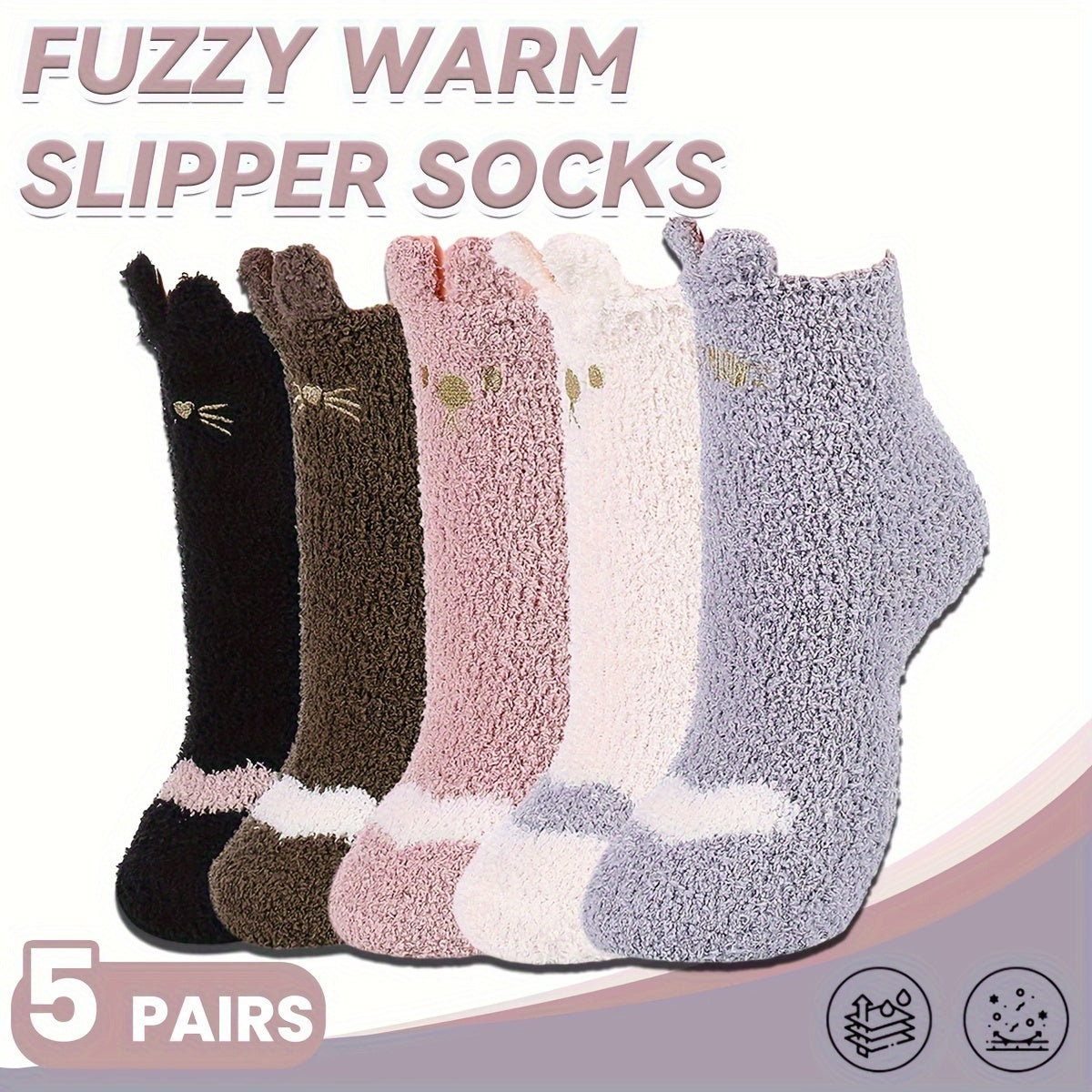 5 Pairs Winter Soft Warm Socks Cozy Fuzzy Socks With Gripper Fluffy Thick