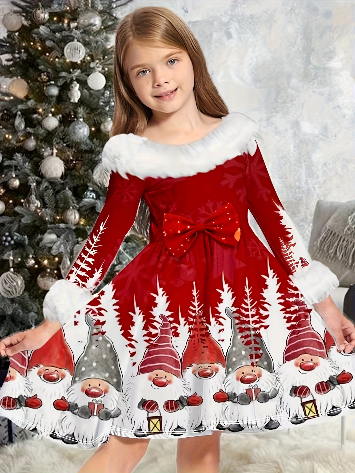 Santa & Reindeer Graphic Christmas Dress Girls