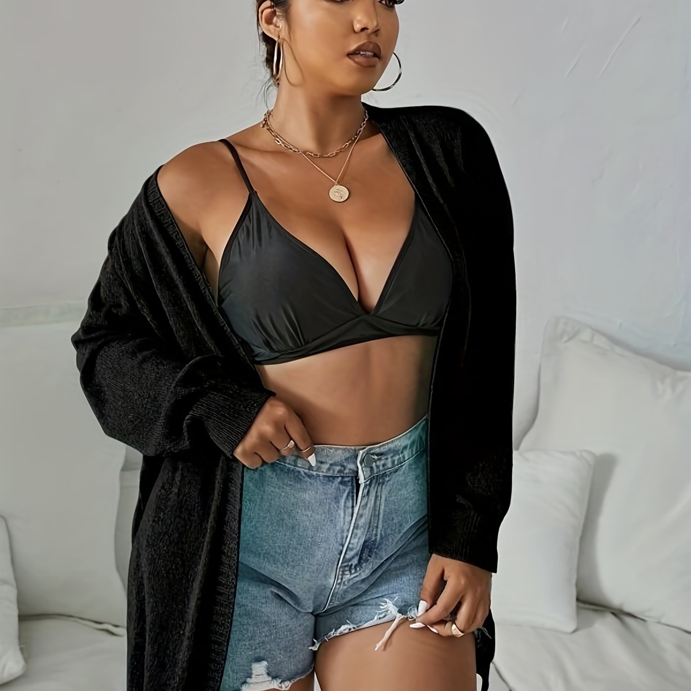 Women's Plus Open Front Long Sleeve Cardigan