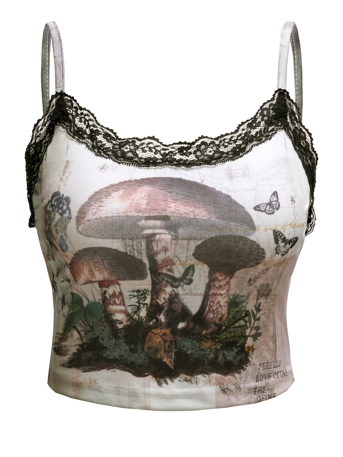 Mushroom Print Lace Cami Top Sexy Ribbed Spaghetti Strap Summer Top