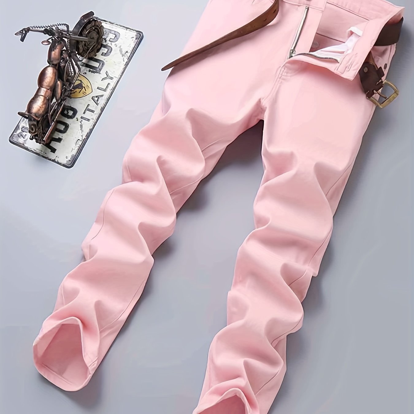Pink Cotton Blend Jeans Men's Casual Street Style Denim Pants
