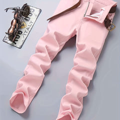 Pink Cotton Blend Jeans Men's Casual Street Style Denim Pants