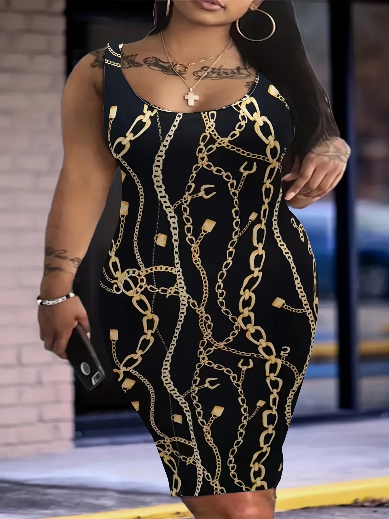 Chain Print Scoop Neck Tank Dress