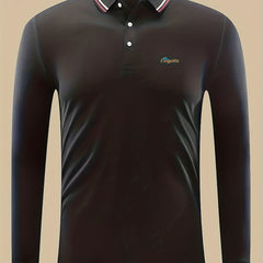 Men's Letter Print Button Up Long Sleeve Polo Shirt