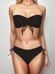 Bandeau Tie Front Two Pieces Set Bikini Drawstring Tie Side High Cut Swimsuit