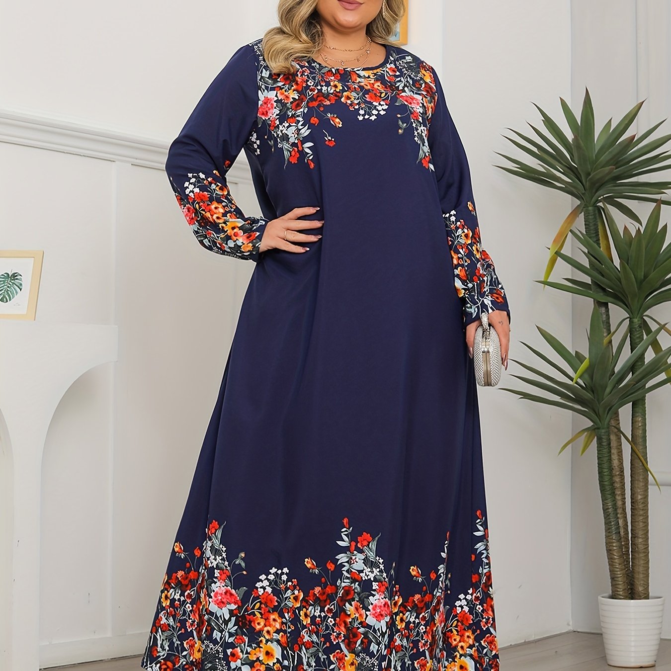Romantic Abaya Dress Women's Plus Floral Print Long Sleeve