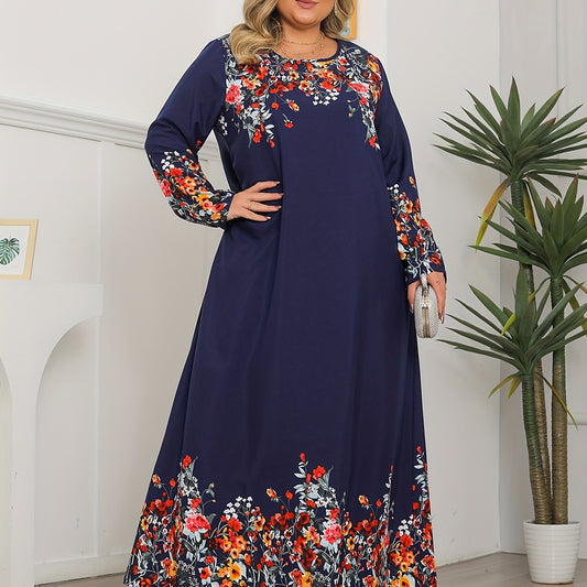 Romantic Abaya Dress Women's Plus Floral Print Long Sleeve