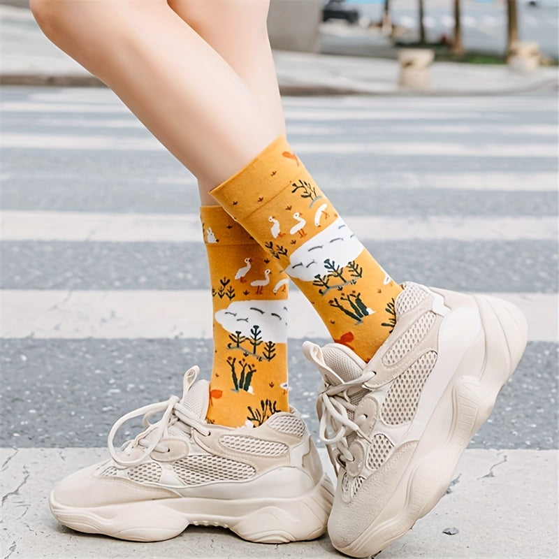 6 Pairs Floral Print Socks Comfy & Breathable Women's Mid Tube Stockings