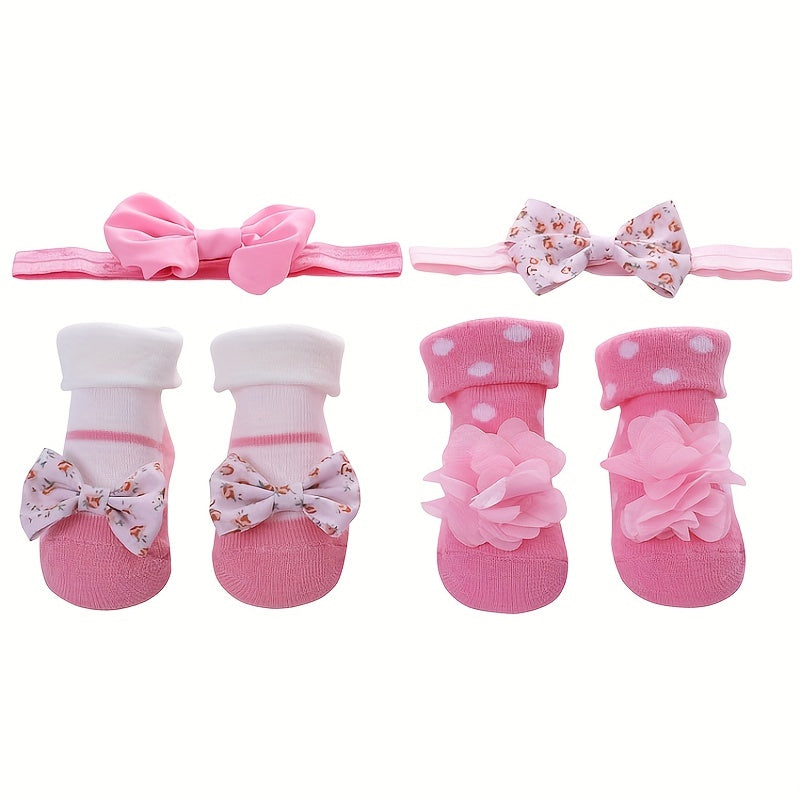4pcs Baby Girls Princess Bow Striped Cotton Flip Socks & Flower Headband Set