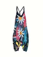 Casual Jumpsuit Women's Plus Floral Print V Neck Harem Jumpsuit