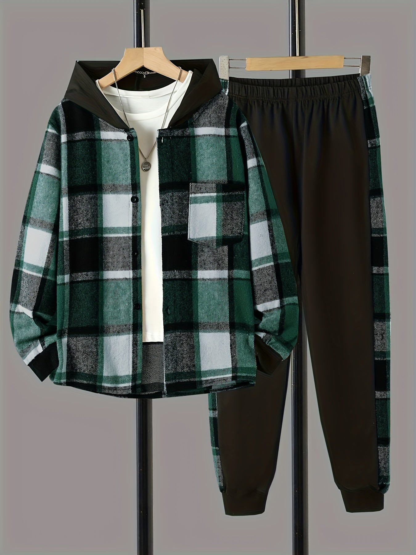 Boys 2pcs Hooded Shirt & Sweatpants Set Plaid Pattern Long Sleeve Top