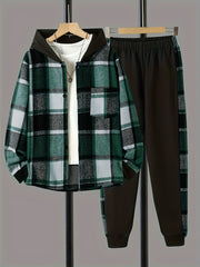 Boys 2pcs Hooded Shirt & Sweatpants Set Plaid Pattern Long Sleeve Top