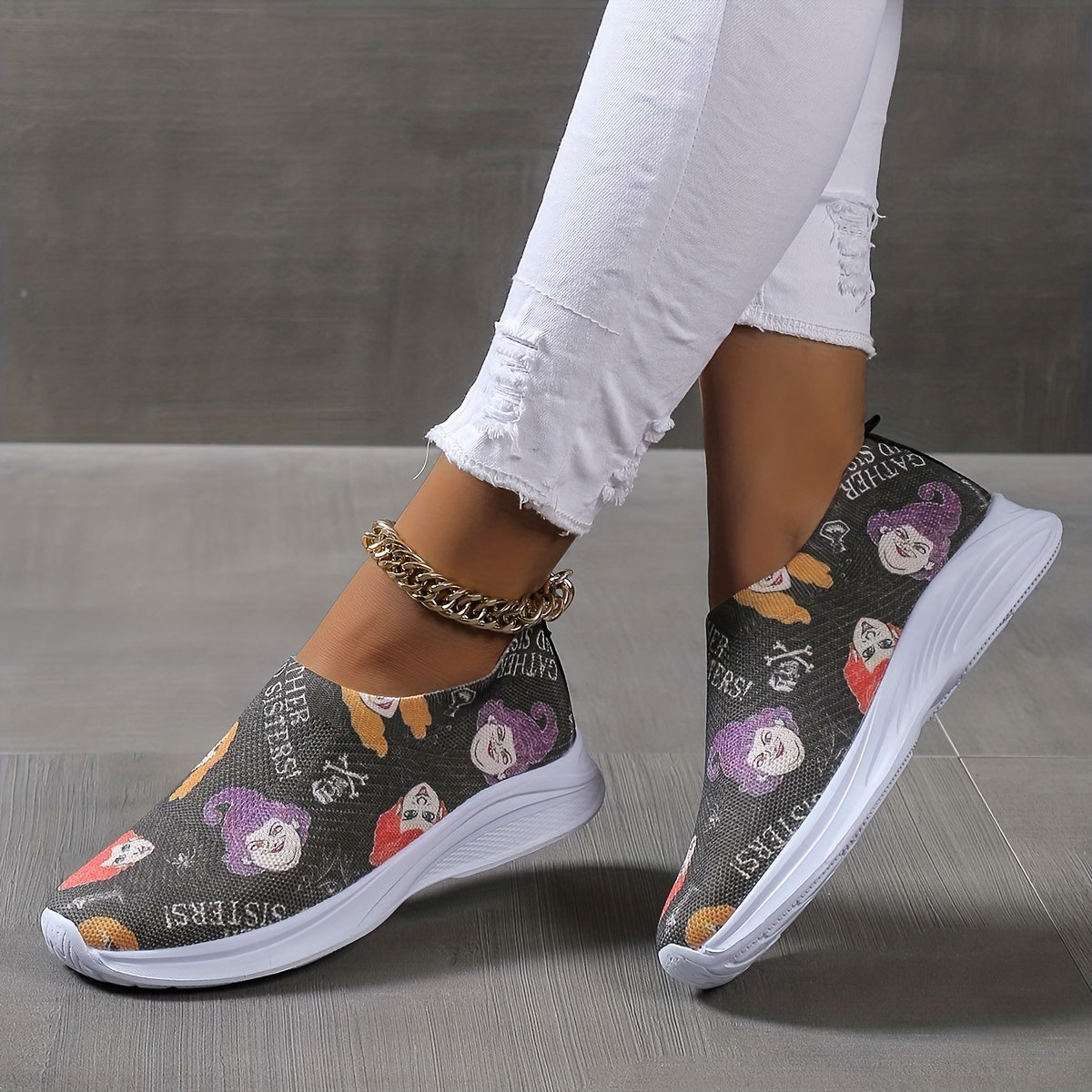 Halloween Witch Pattern Soft Thick Sole Shock Absorption Elastic Woven Shoes