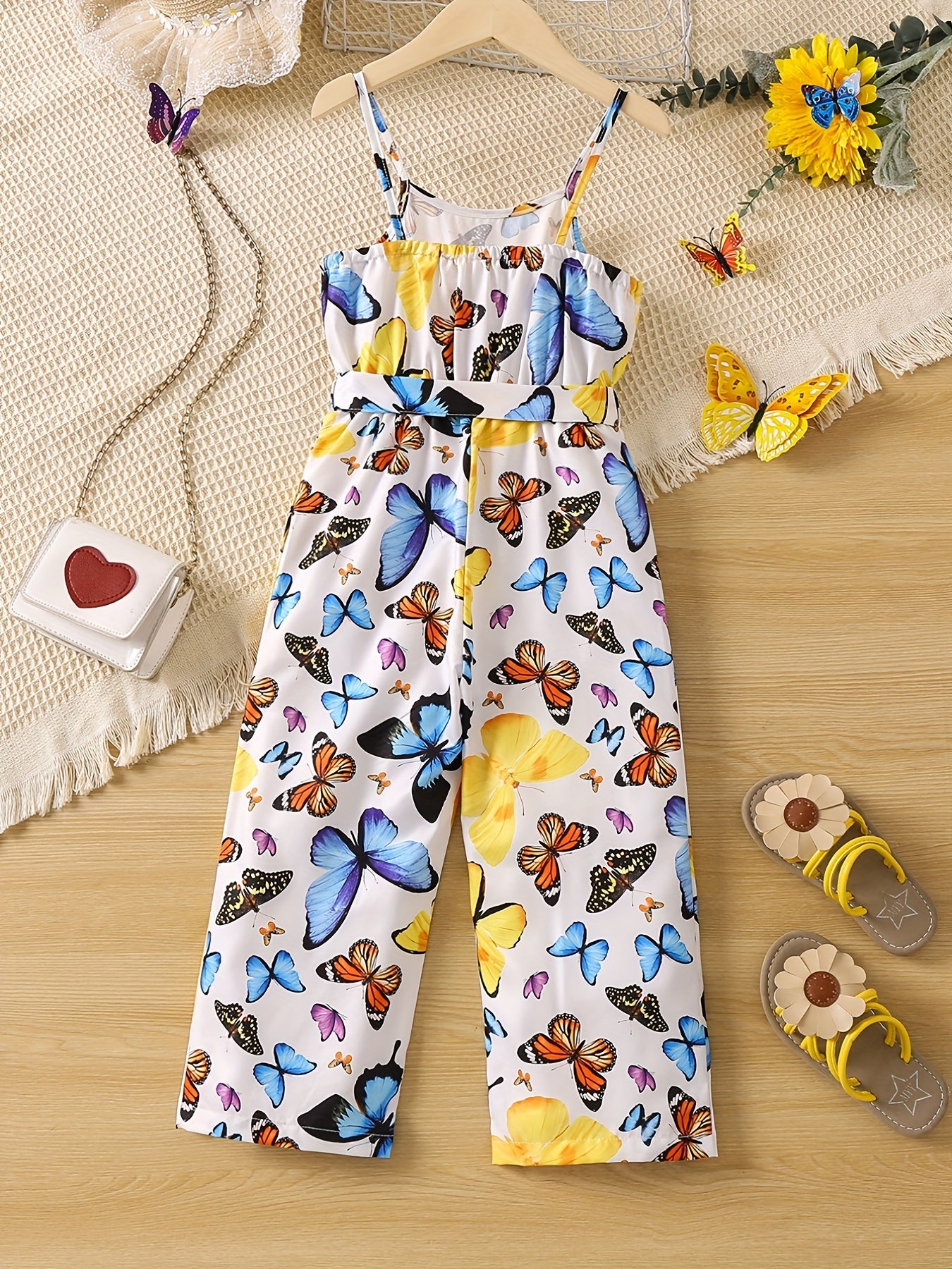 Toddler Girls Butterfly Graphic Belted Cami Rompers Wide Leg Jumpsuits