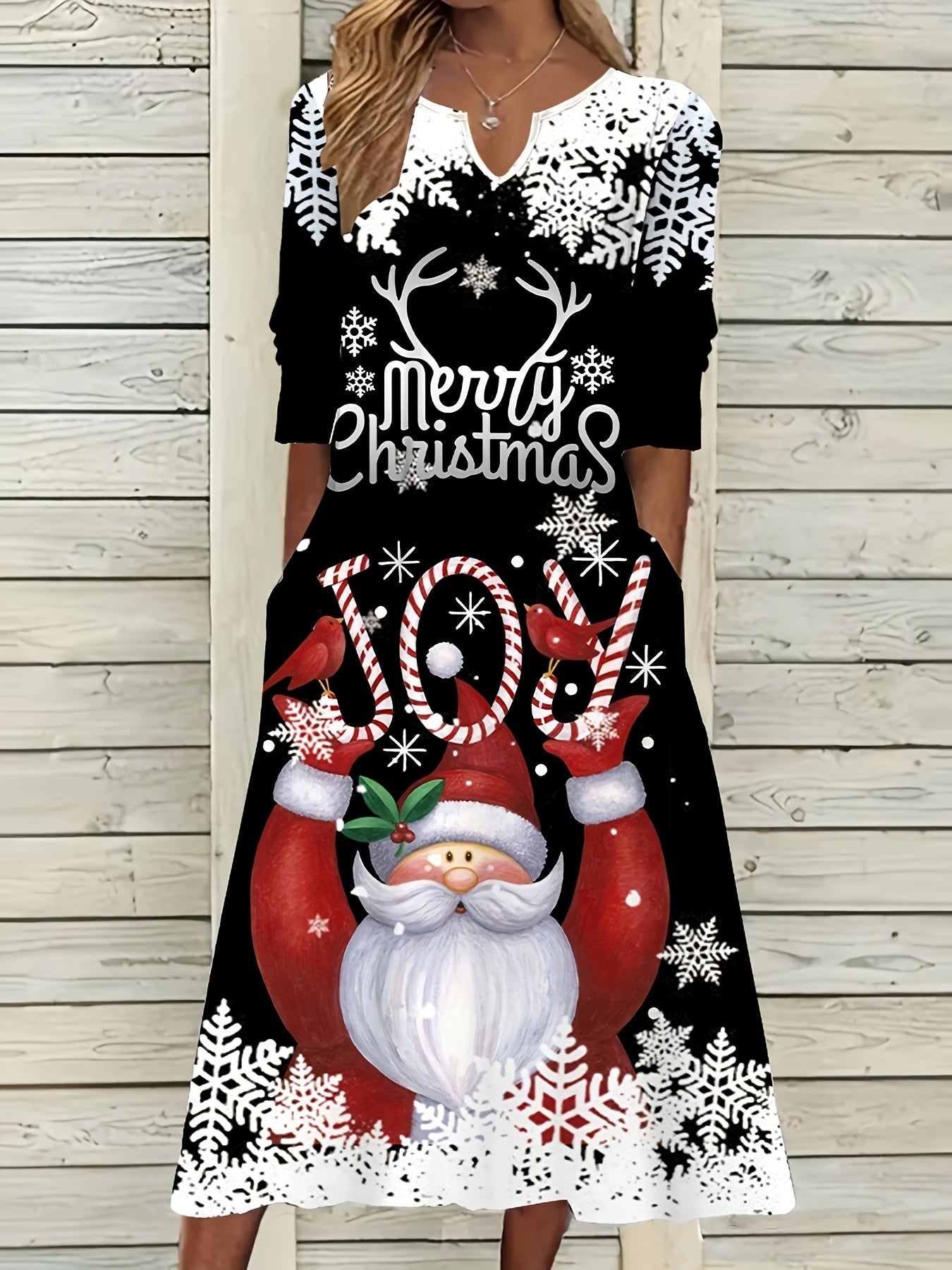 Christmas Dress Women's Plus Santa Claus Three Quarter Sleeve