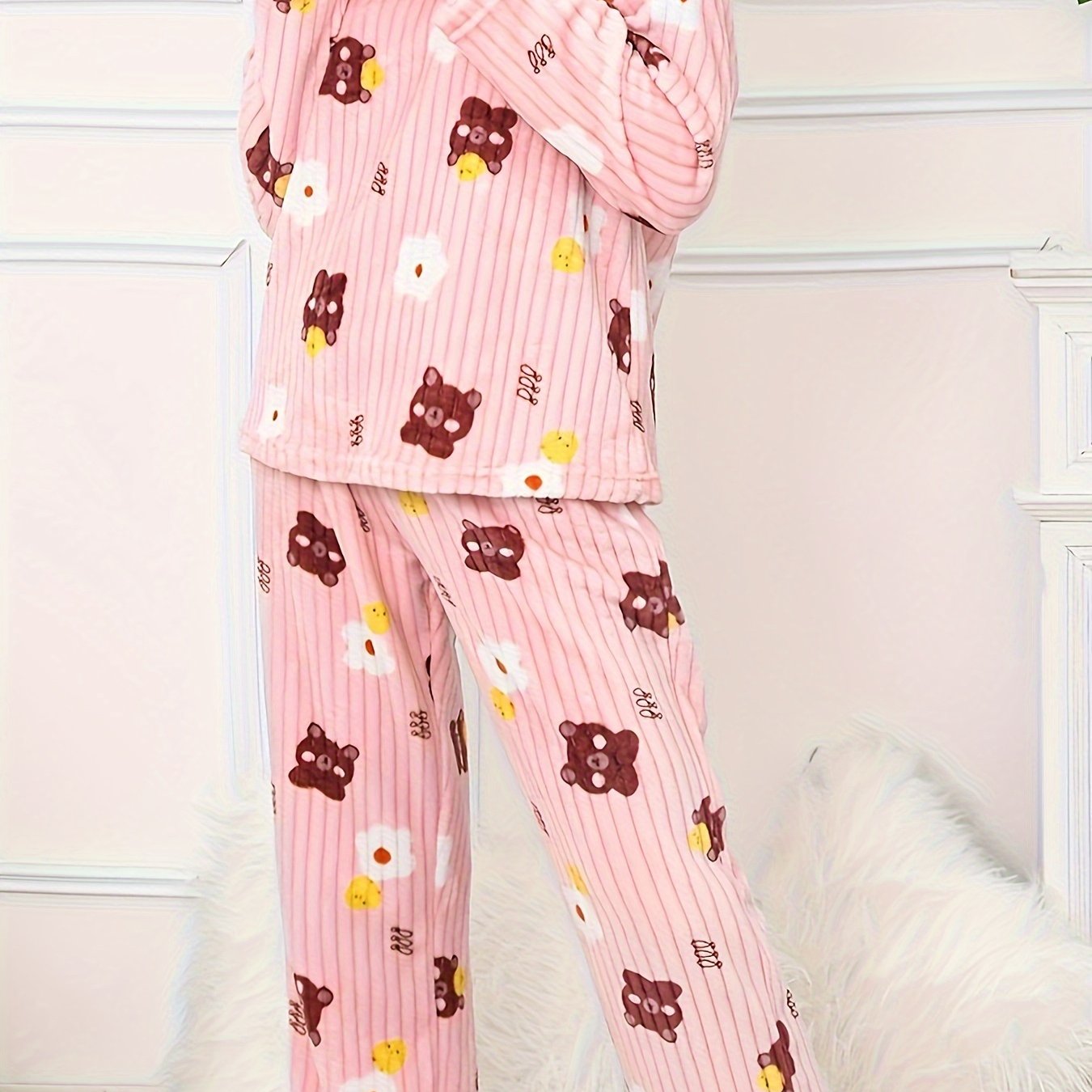 Bear & Floral & Stripe Print Pajamas Set Long Sleeve Round Neck Plush