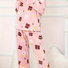 Bear & Floral & Stripe Print Pajamas Set Long Sleeve Round Neck Plush