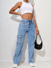 Flap Pockets Cargo Pants High Waist Straight Jeans