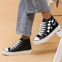 Cartoon Cat & Plaid Canvas High Top Shoes for Women