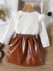 Girl's 2pcs Top & Belted PU Skirt Set Faux Fur Decor Outfit Kids Clothes
