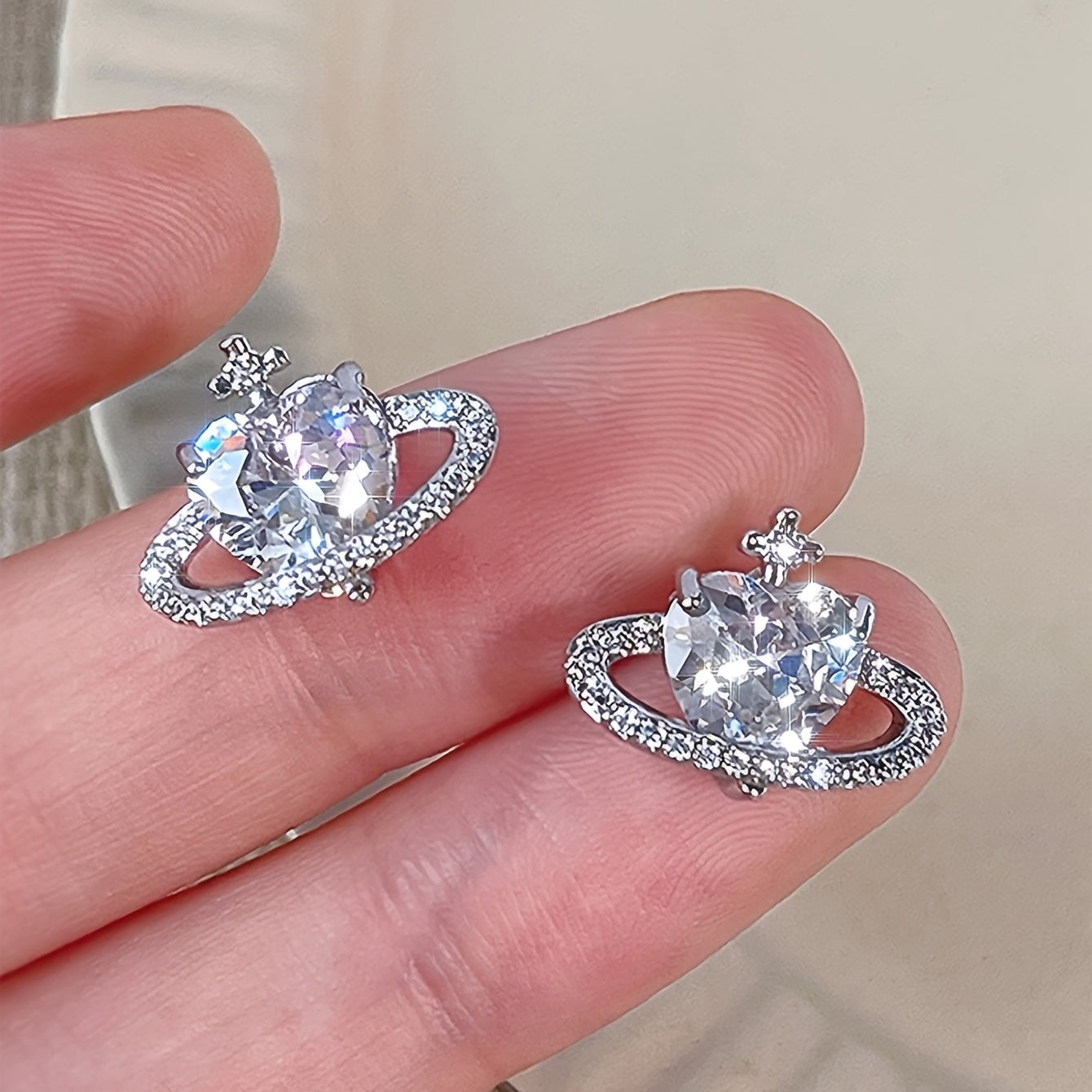 Zircon Love Planet Stud Earrings Women Girls Gift