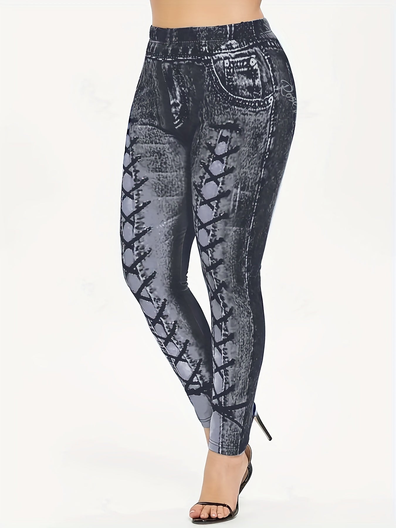 Hourglass Denim Print Skinny Leggings Casual Stretchy Leggings