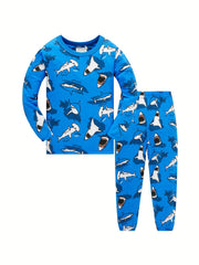 Boys 2pcs Pajamas Cotton Long Sleeve Round Neck Pullover Top & Pants