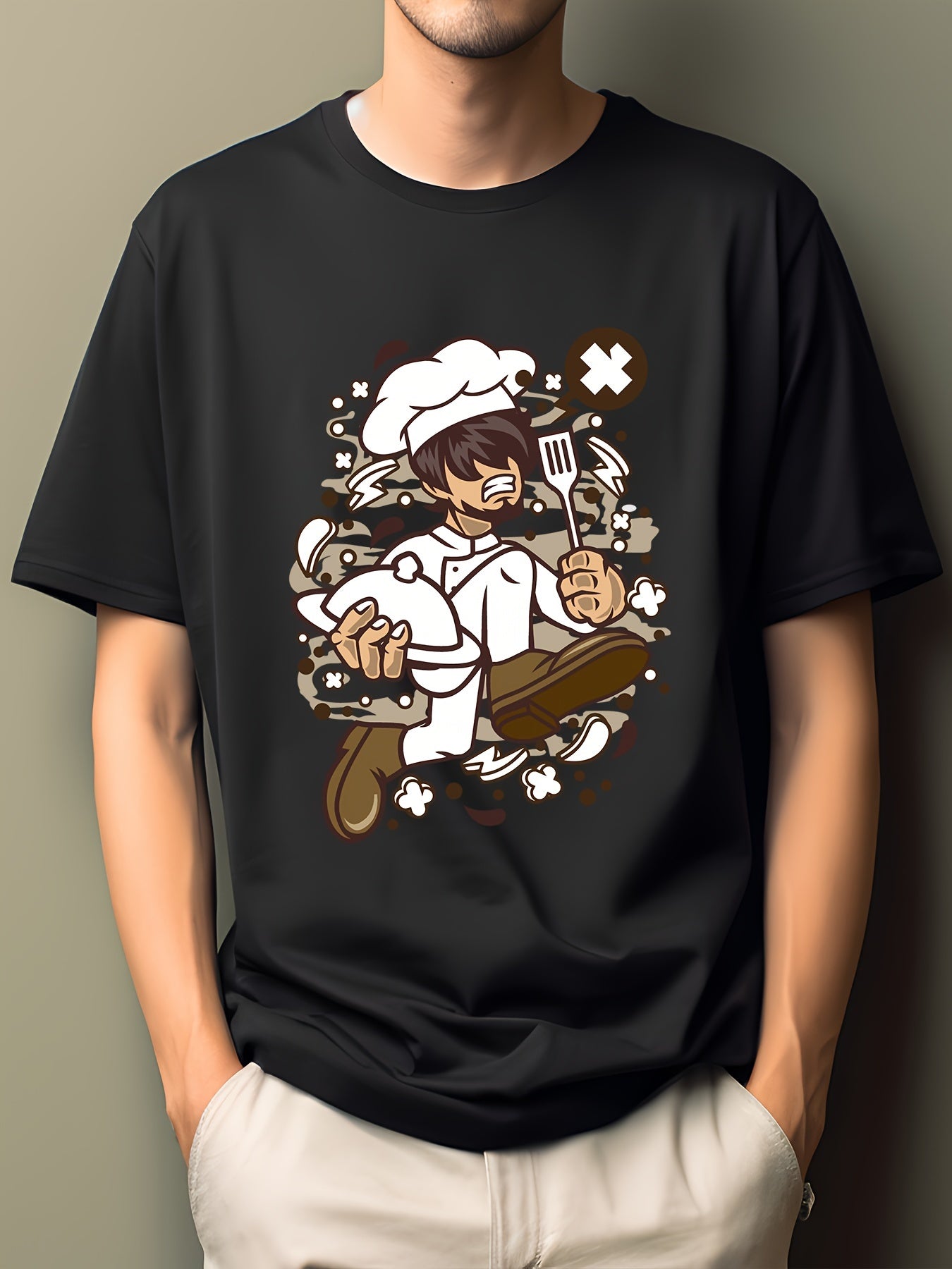 Men's Cartoon Print T-shirt Active Casual Crew Neck Tee