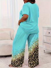 Plus Cross Letter & Leopard Print Short Sleeve Tee & Pants Lounge Set