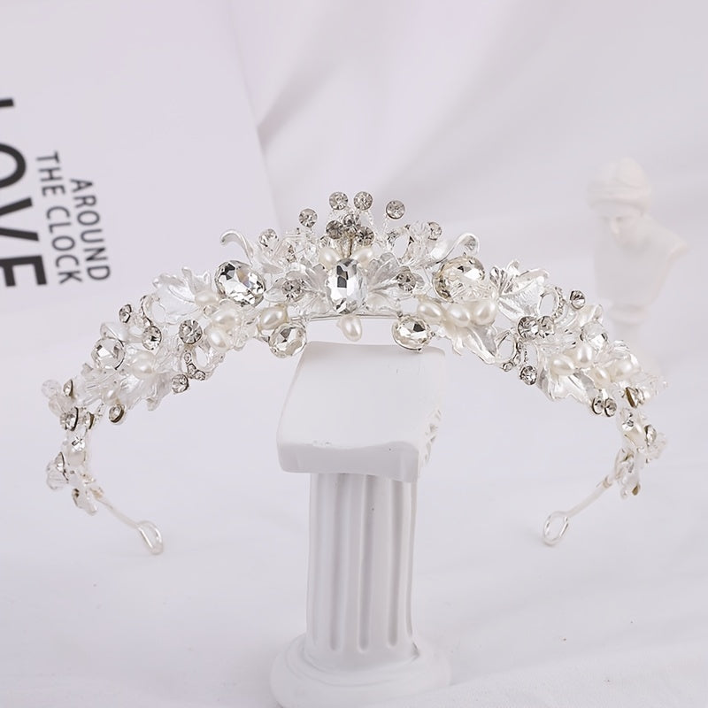 Vintage Golden Crystal Faux Pearl Rhinestone Tiara Wedding Jewelry