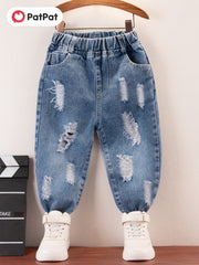 Boys Ripped Jeans Skinny Washed Denim Elastic Waist Long Pants Kids Clothing