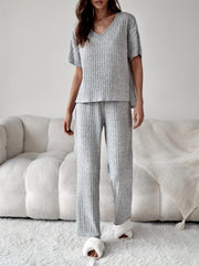 Plus Size Ribbed Short Sleeve V Neck Top & Pants Set