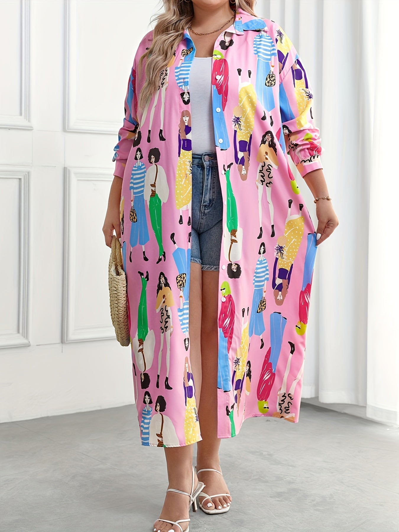 Women's Plus Cartoon Figure Print Button Up Long Sleeve M