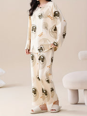 Bear Print Pajama Set Long Sleeve Crew Neck Top & Lounge Pants