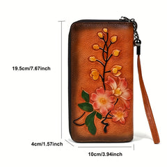 Floral Print Cowhide Wallet with Wrist Strap RFID Blocking