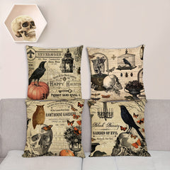 Halloween Linen Blend Pillow Case Skeleton Pumpkin Crow Square Cushion Cover