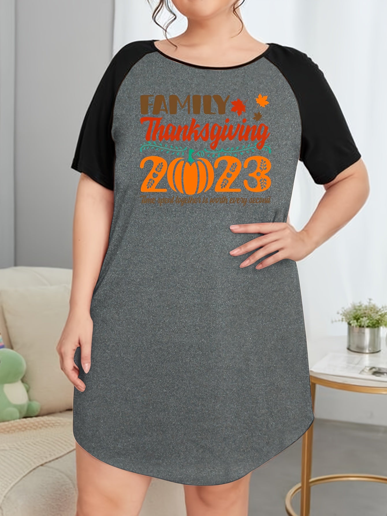 Thanksgiving Pumpkin Print Raglan Sleeve Tee Sleep Dress