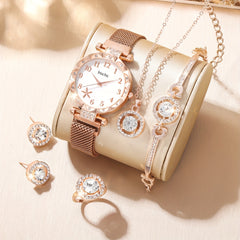 School Student Digital Rhinestone Quartz Wrist Watch & 5pcs Jewelry Set