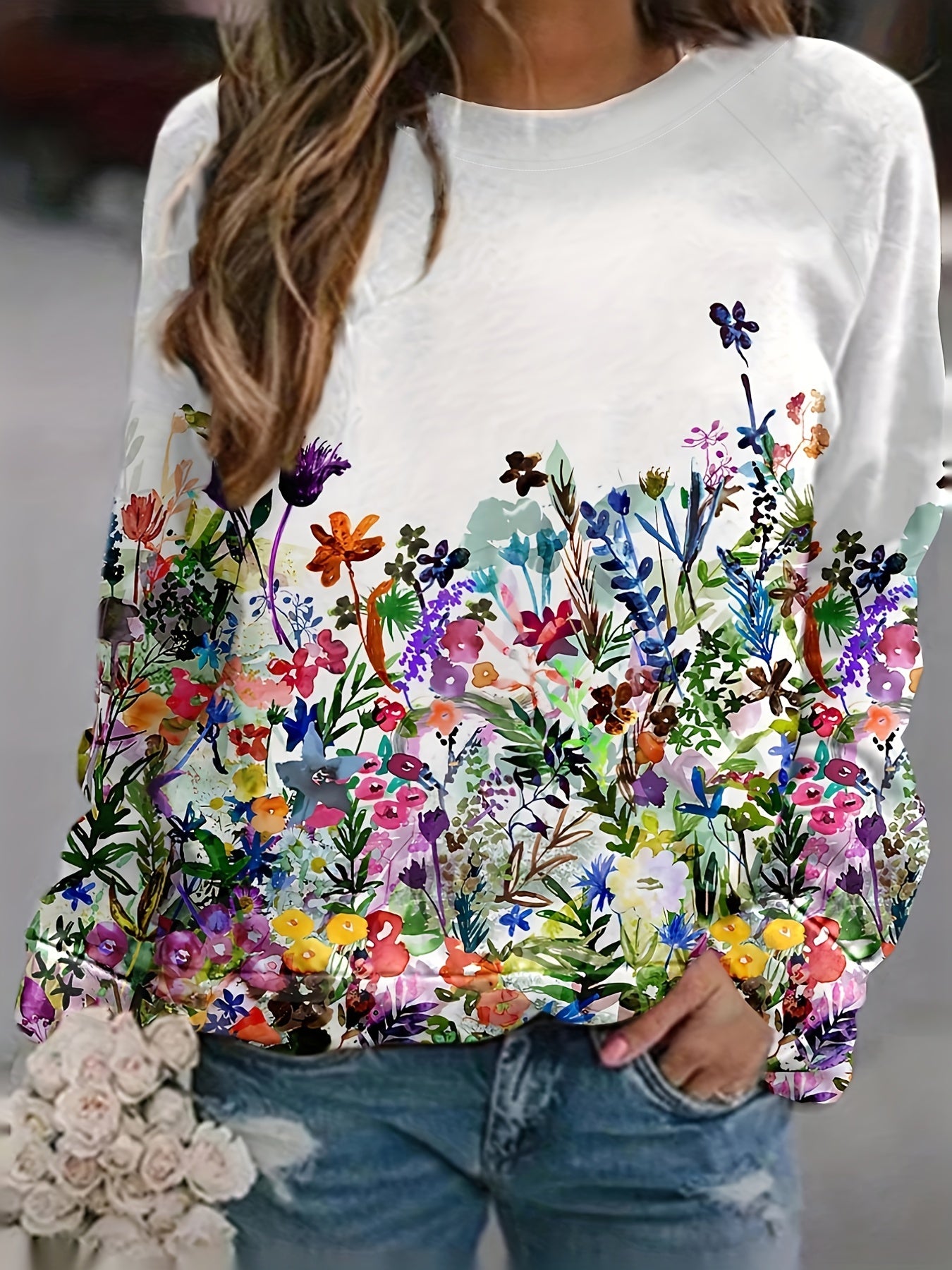 Floral Print Pullover Sweatshirt Long Sleeve Crew Neck Spring Fall Casual Swea
