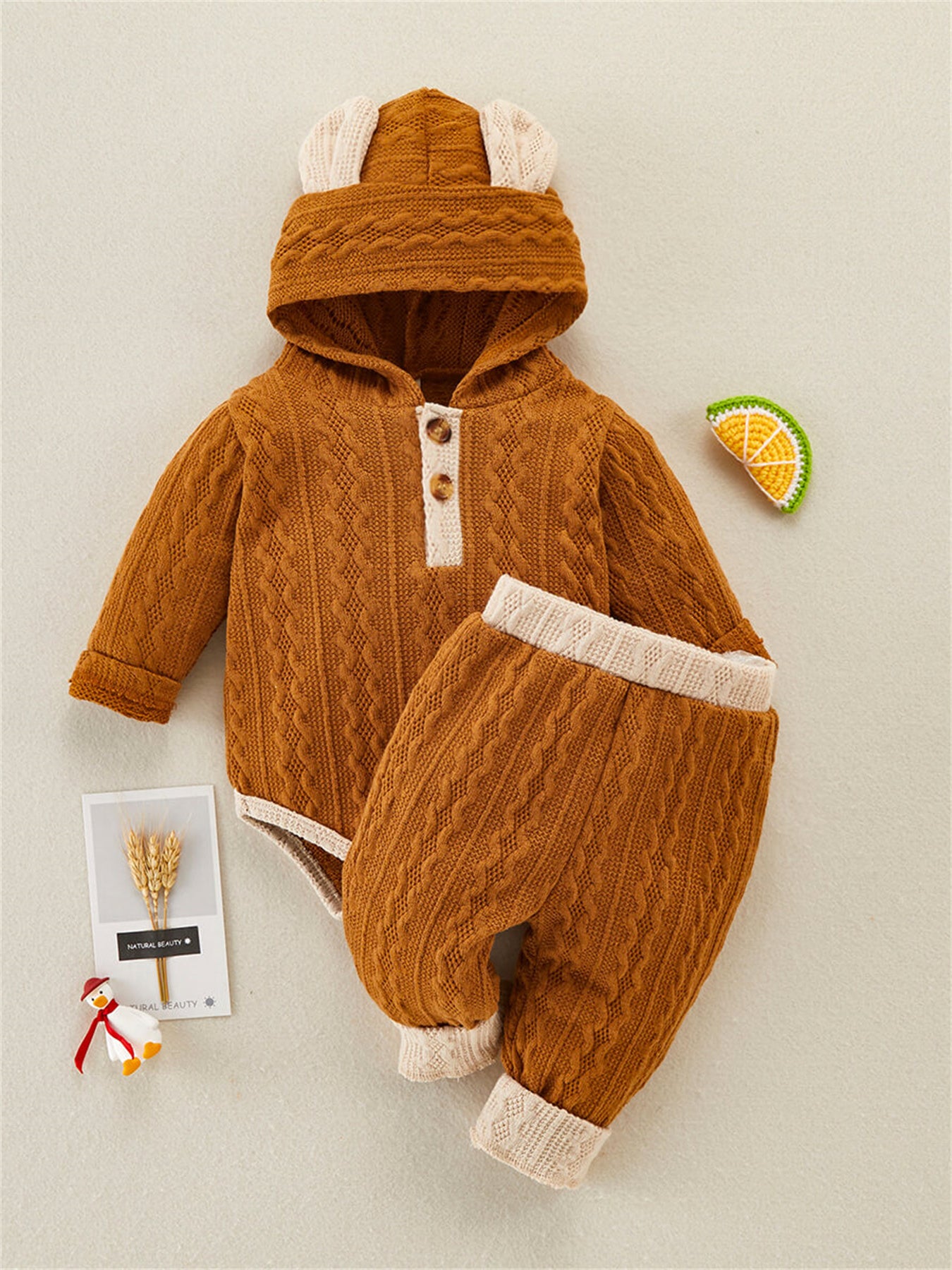 Cute 2 Piece Block Bear Ear Romper for Baby's Cozy Look