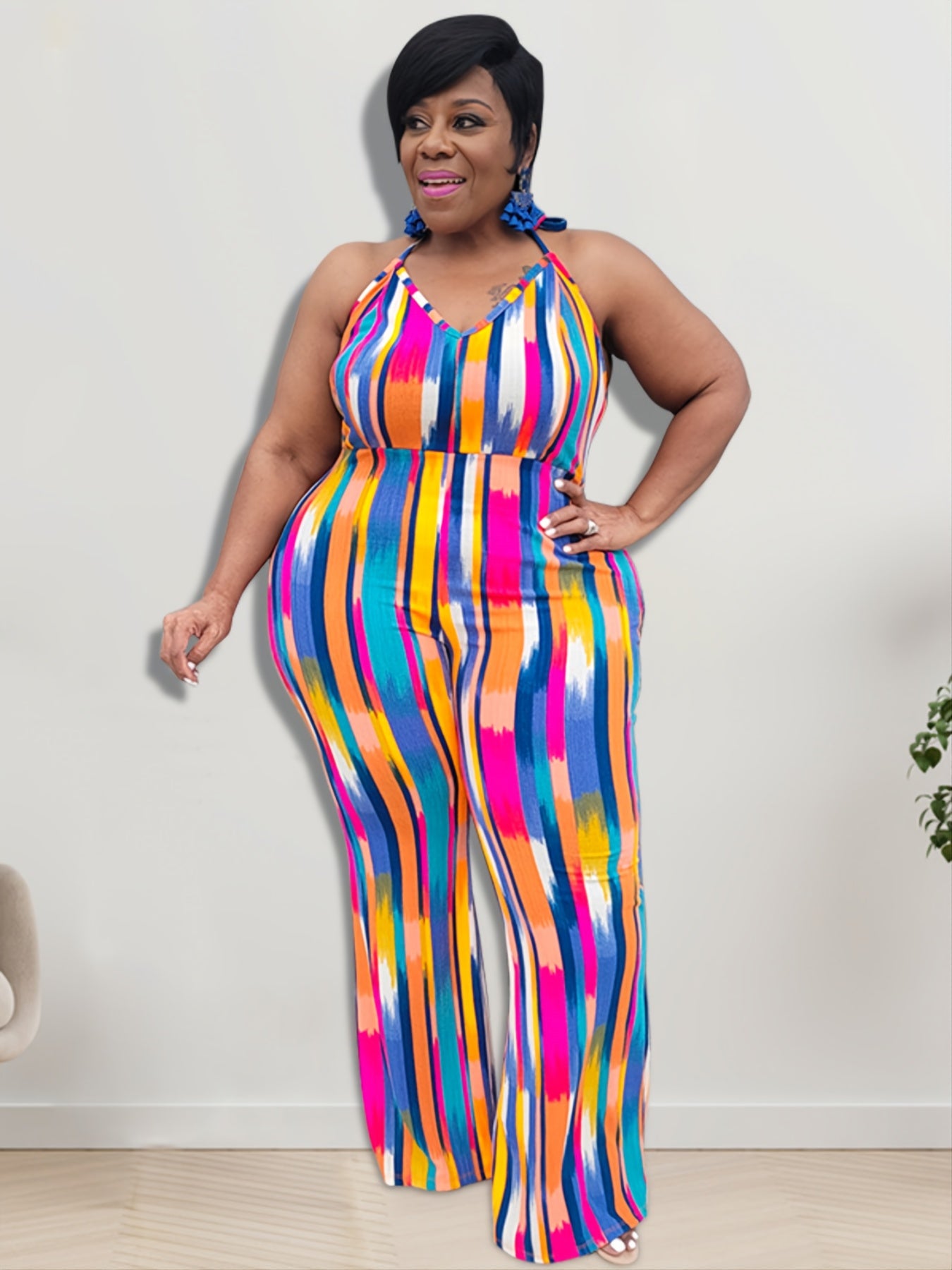 Colorblock Halter Neck Jumpsuit Plus Size Medium