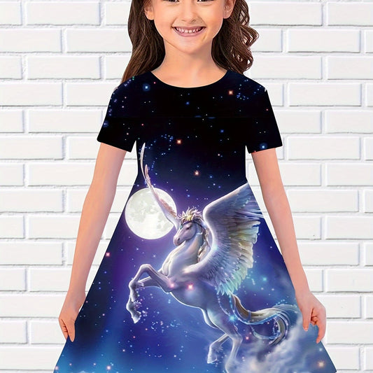 Girls Dreamy Unicorn Short Sleeve Dress 3D Print Summer Clothes Gift