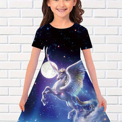 Girls Dreamy Unicorn Short Sleeve Dress 3D Print Summer Clothes Gift