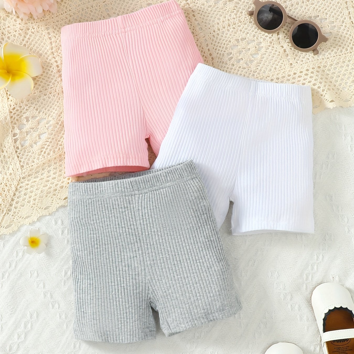 3pcs Baby Girl's Casual Elastic Waist Shorts Set For Summer